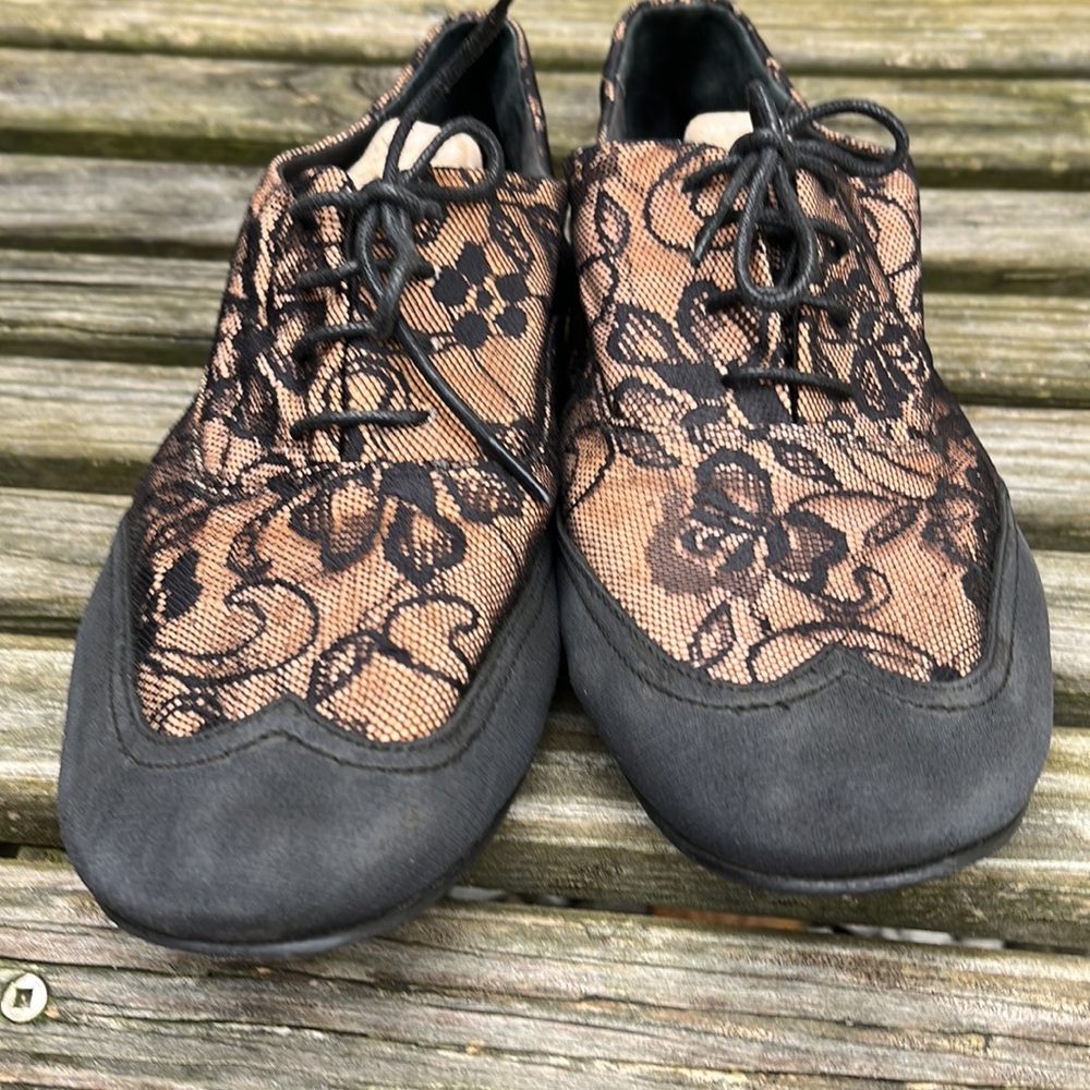 Womens Black and Beige Lace-Overlay Flats - originally purchased in UK - Picture 2 of 10